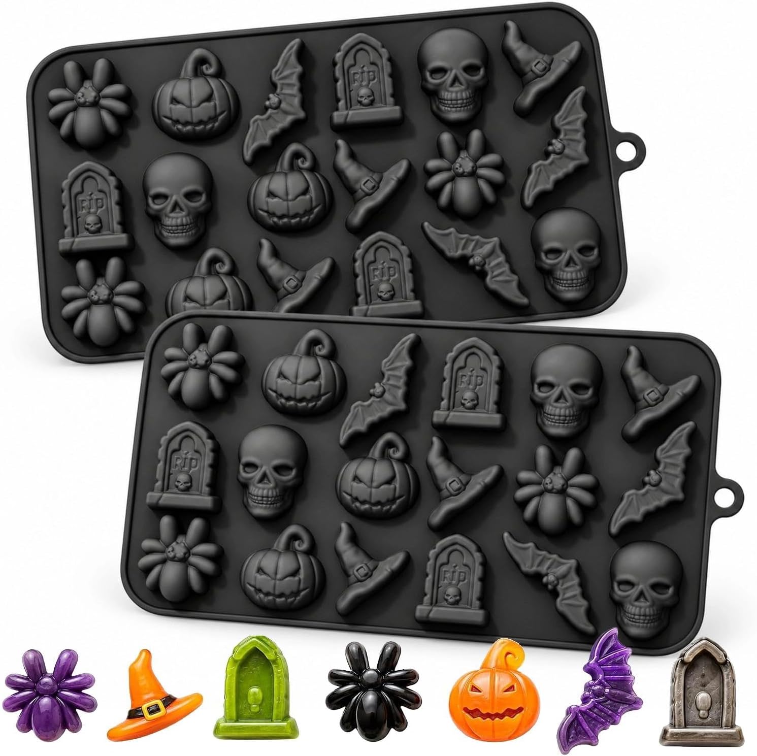 Paquete de 2 moldes de silicona para Chocolate de Halloween, Silicona Molde de Dulces, araña, murciélago, lápida, Calavera, Cabeza, Sombrero de Bruja para Hacer Chocolate de Halloween,Dulces(Morado)
