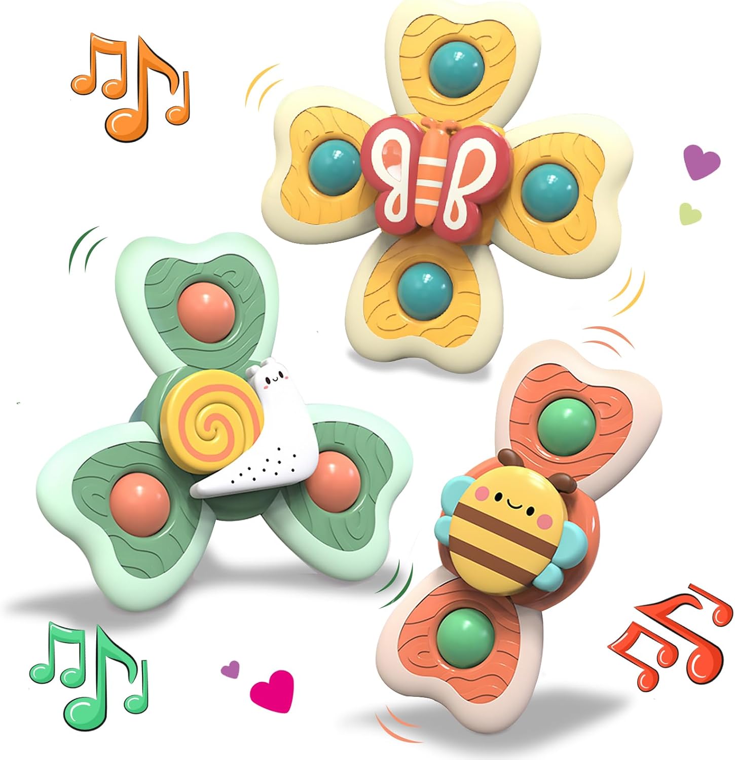 Spinner Bebé con Ventosa - 3 Juguetes Giratorios para Baño, Trona y Viaje en Avión - Juguetes Sensoriales para Niñas y Niños