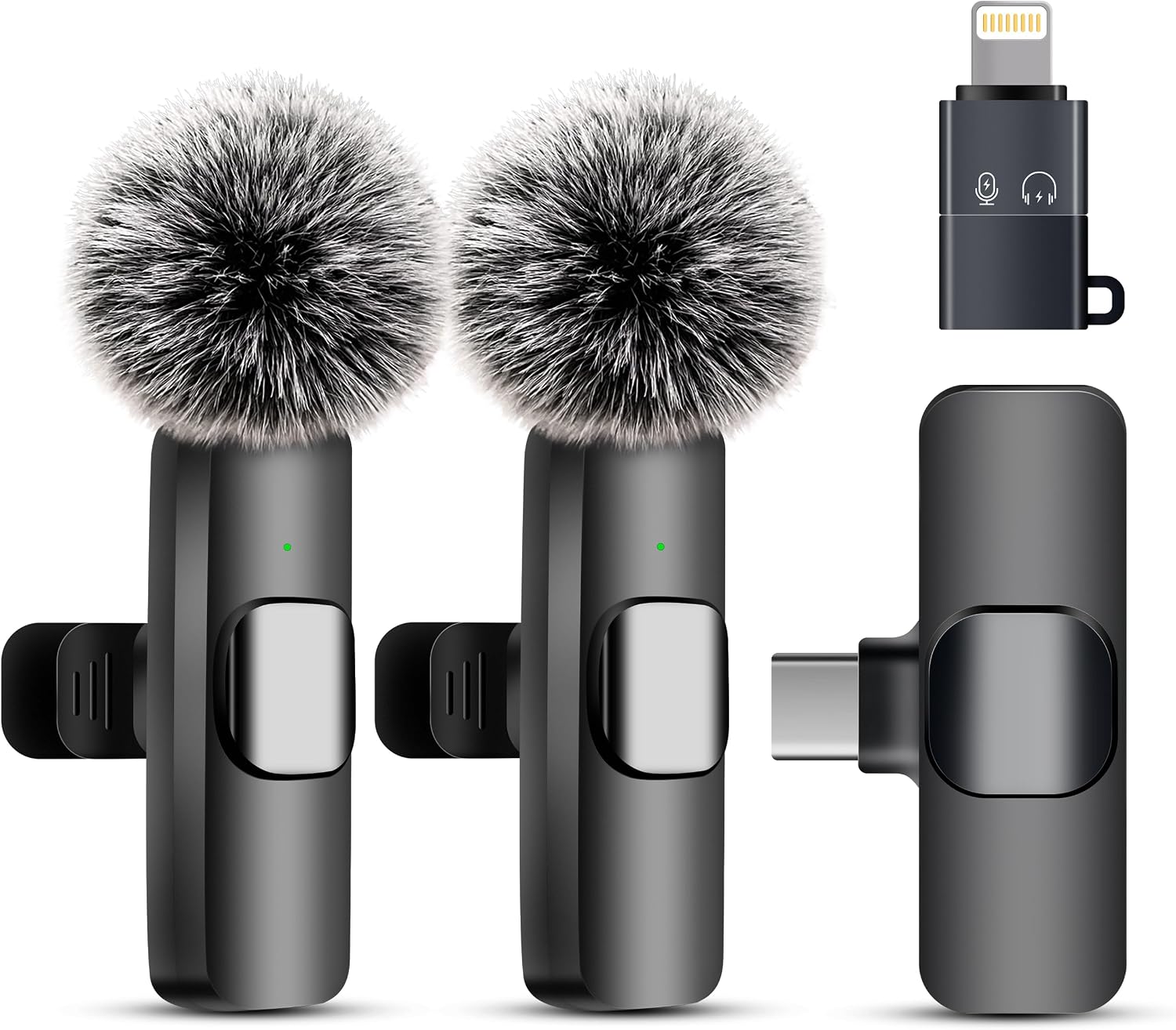Microfono inalambrico for iPhone iPad & Android - 2 Pack Mini Clip-On microfono movil with Noise Cancellation, USB-C/Lightning - for TikTok, Youtube, Podcast, Live Streaming