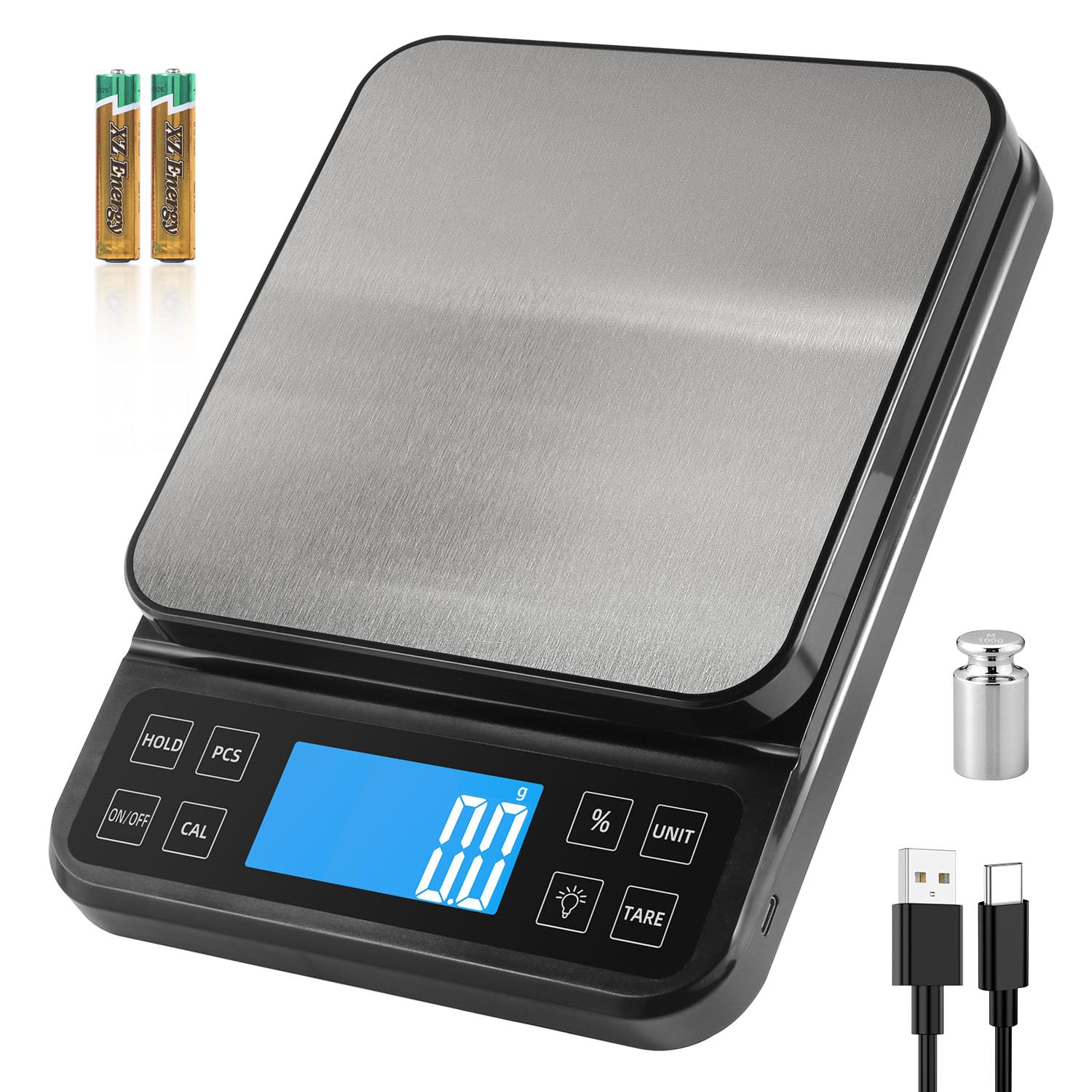 Báscula de cocina grande BOMATA, precisión de 0.1g/0.001oz, capacidad de 5kg/11lb, con función de porcentaje, recargable por USB, pantalla LCD visible, plato de acero inoxidable, Negro y Marrón
