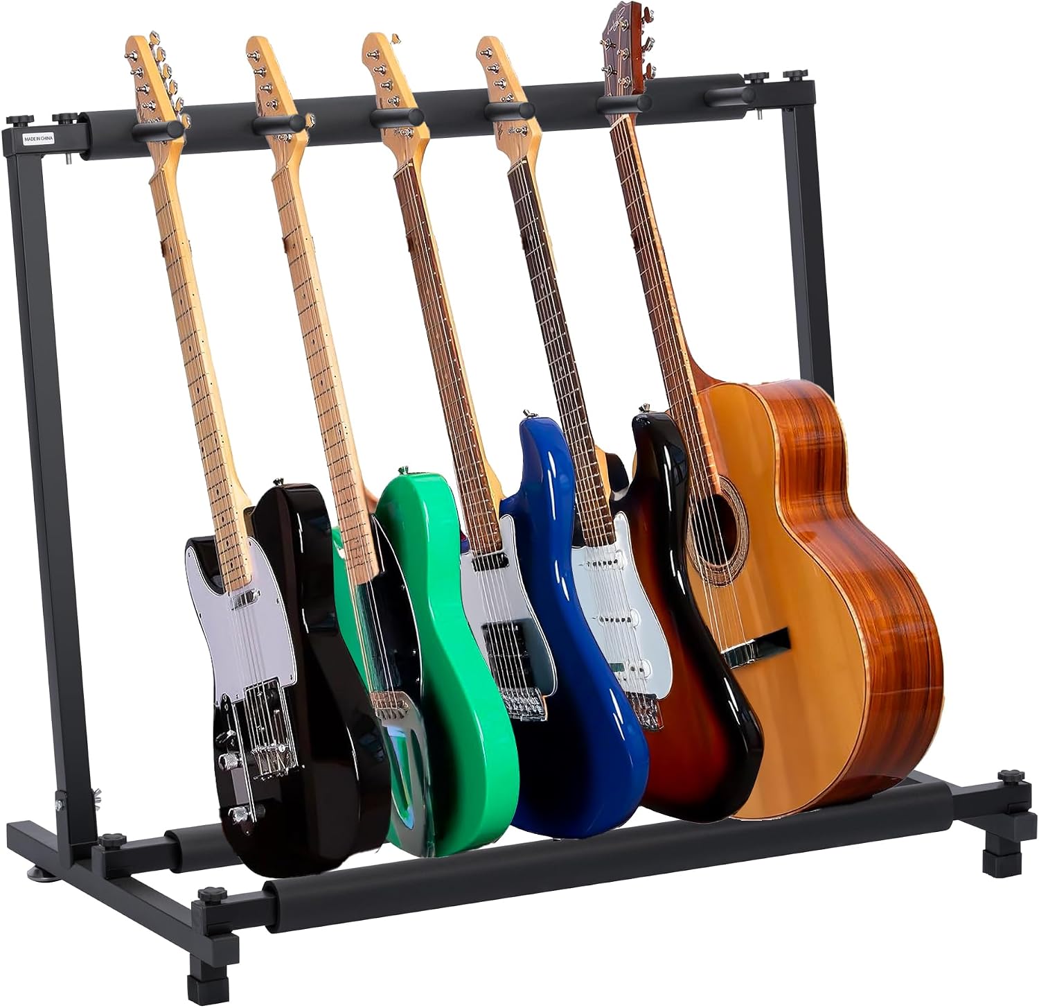 Soporte Guitarra de suelo para 5 instrumentos | Rack plegable universal para guitarra eléctrica, acústica o bajo | Estructura metálica resistente con protección de espuma y montaje sin herramientas