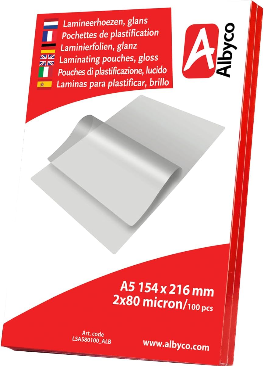 Albyco - Fundas Plastificar A5-2x80 (160) Micras - 100 Piezas - Película de Laminación, Plastificadora, A5 Hojas Plastificar - Brillante - Transparente