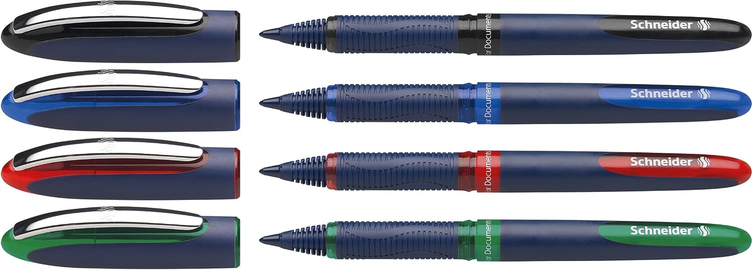 Schneider One Business - Bolígrafos no retráctiles con tinta líquida, paquete de 4 (1 negro/rojo/azul/verde)