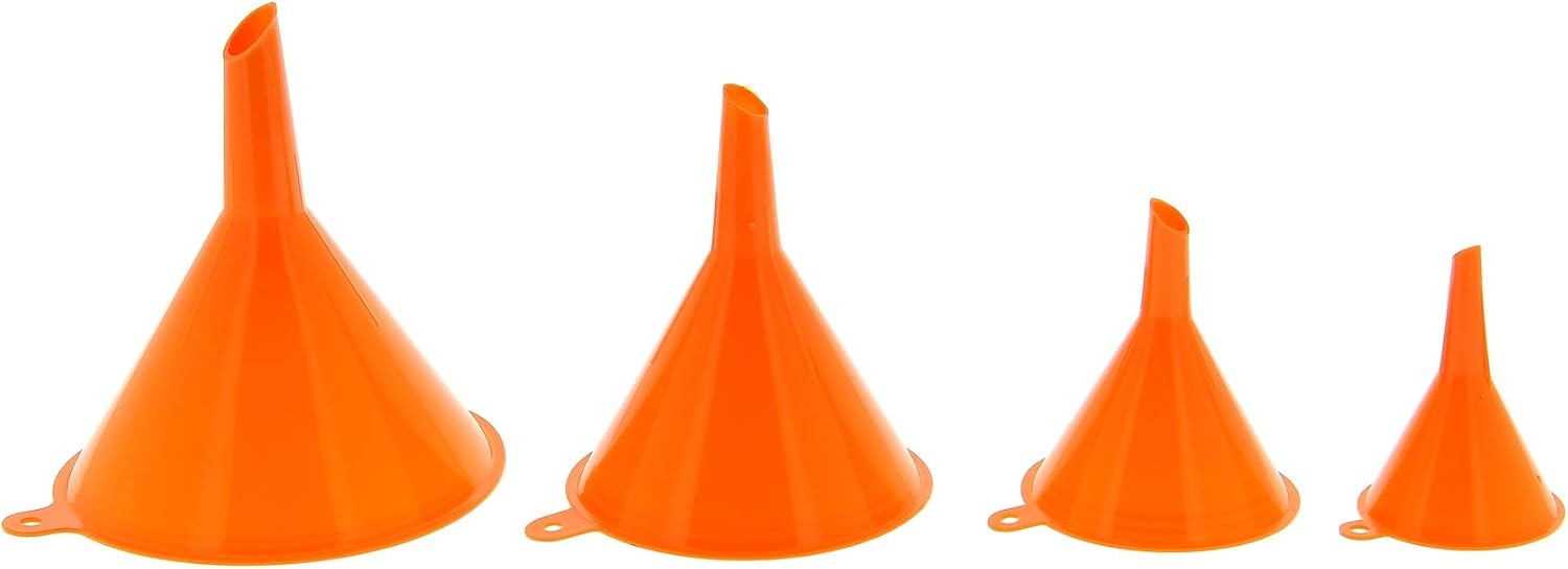 XL Tech 300604 - Juego de 4 embudos. Ø 50/75/100/120 mm Resistentes a aceites e hidrocarburos, Naranja|Yellow|Peach