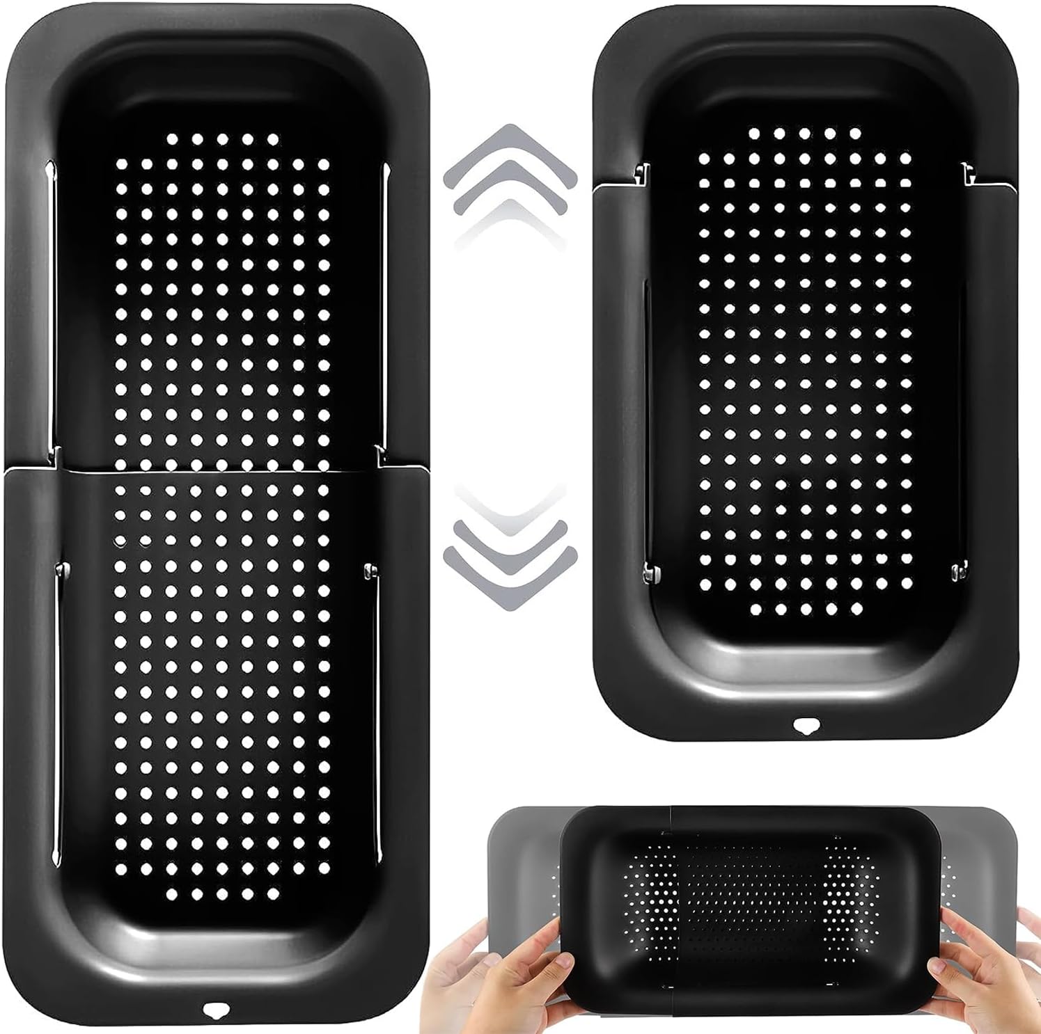 Coladora Extensible, Colador Fregadero Extensible, Cesta Filtro para Lava Verduras, Cocina Plegable Escurridor Alimentos, Extraíble Colador Pasta, para Cocina, Lavar Verduras, Frutas, Negra