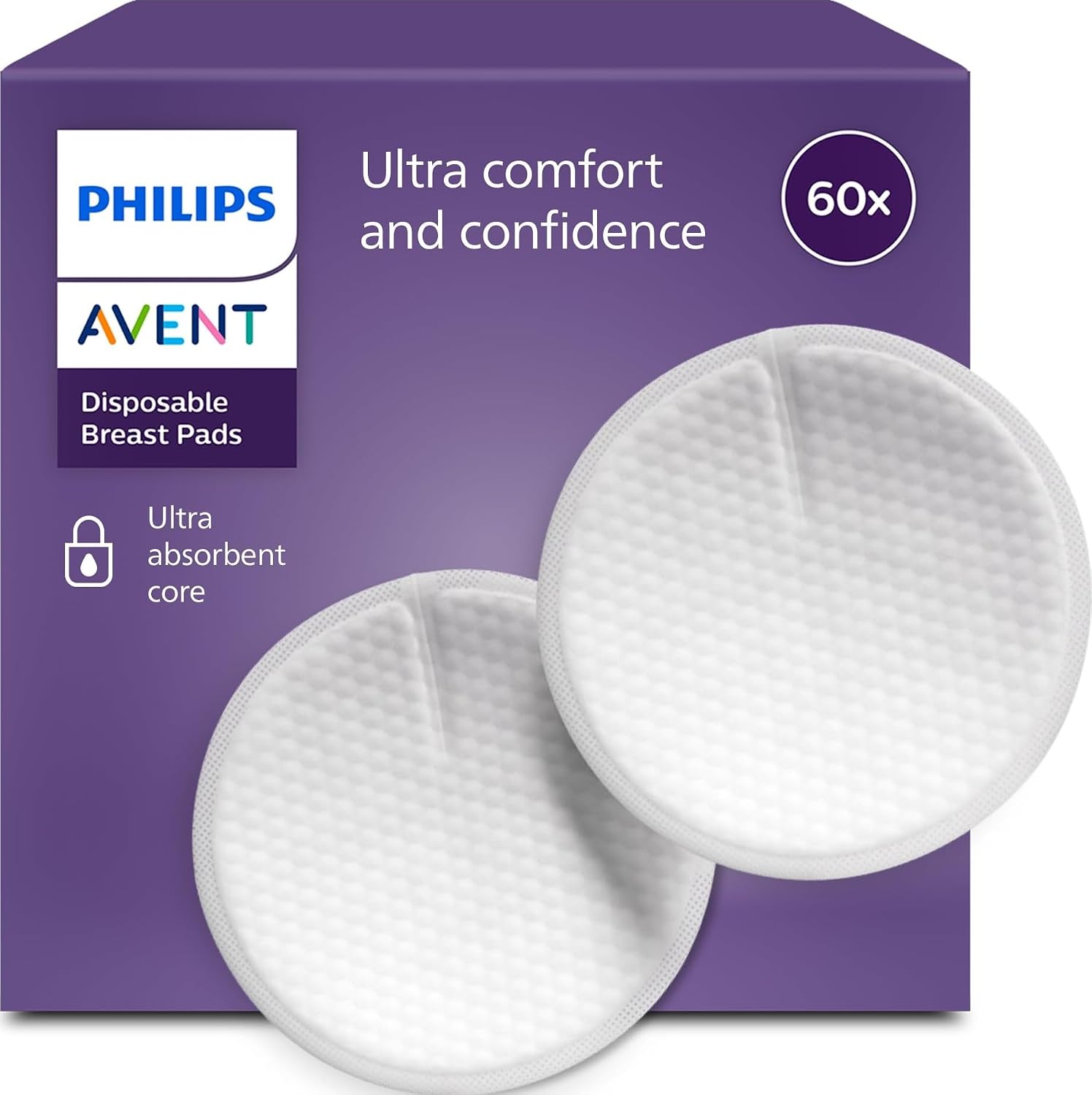 Philips Avent Discos absorbentes desechables - Núcleo con triple capa absorbente, a prueba de fugas, suave textura de panal, ultrafinos y discretos, envueltos individualmente, 60 unidades, SCF254/61