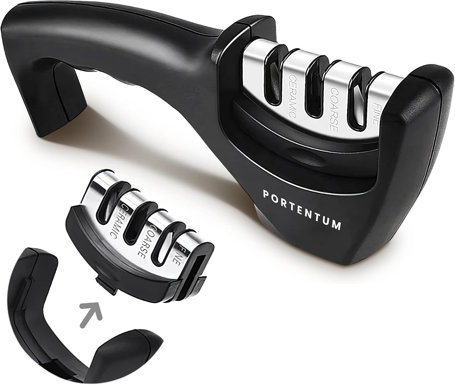 PORTENTUM Afilador de cuchillos profesional manual para cuchillos de cocina de 3 etapas - diseño ergonómico con acabado negro/cromado