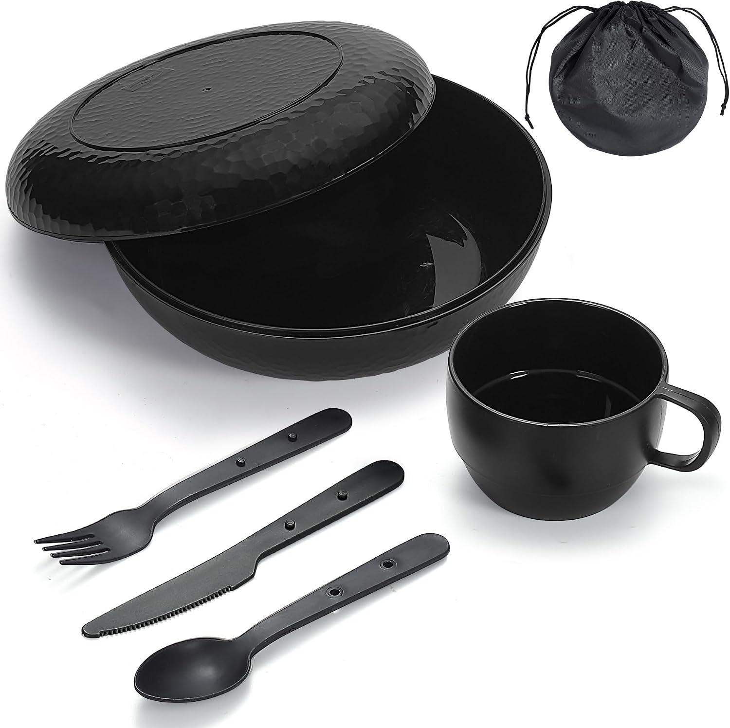 Berglander vajilla Camping, tazón, Plato, Taza, Cuchara, Tenedor, Cuchillo y Bolsa de Transporte, Cubiertos para Acampar de Campamento Equipo de Plástico para Viajes, fácil de Transportar Limpiar