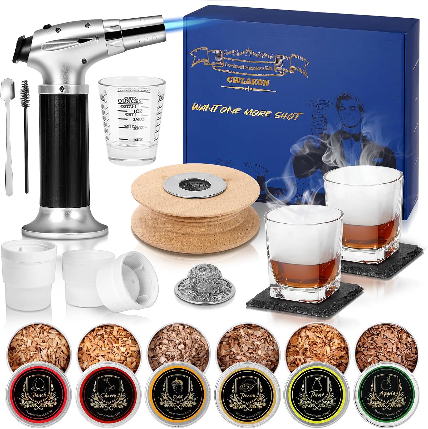 CWLAKON Kit de Fumador de Cóctel con Antorcha, Kit de Fumador de Bebidas de Whisky con 6 Chips de Madera, Bourbon Old Fashioned Drink Smoker, Regalos de Cumpleaños de Navidad para Hombres(Sin Butano)