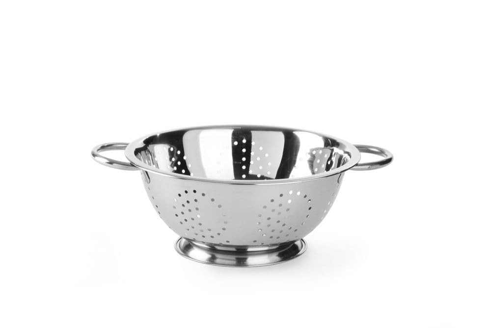 HENDI Escurridor de cocina, colador, para cocinar, lavar, pasta, fideos, espaguetis, frutas, verduras, ensaladas, redondo, perforado, con base y 2 asas, ø280x(H)135 mm, acero inoxidable