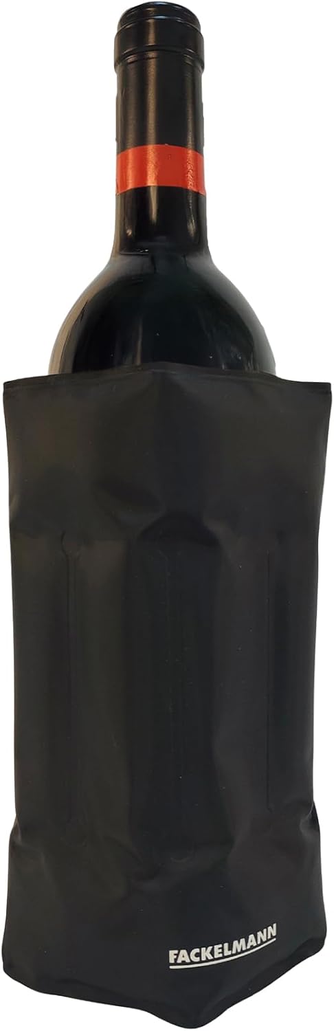 Fackelmann Funda Enfriadora para Botellas, Collar Enfriador para Botellas de Vino y Cava, Nylon Elástico con Ajuste Universal y Relleno de Gel Enfriador, Apta para Congelador, 22x16 cm, Negro, 1 ud.
