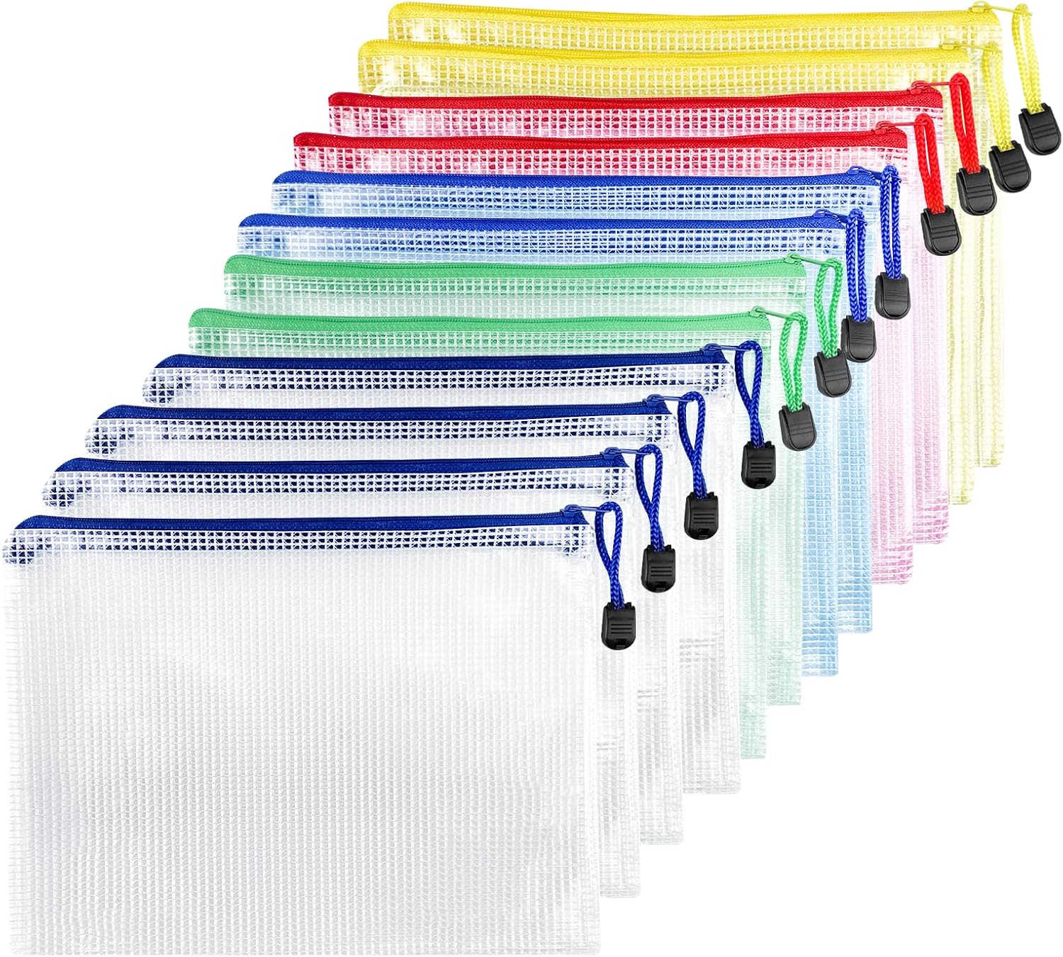 Fousenuk 12 Piezas Bolsa de Archivo A5, Impermeable Bolsas de Documentos de Malla, Bolsas de Plastico con Cierre Cremallera, para Recibos, Oficina, Viaje, Escolar, 5 Colores