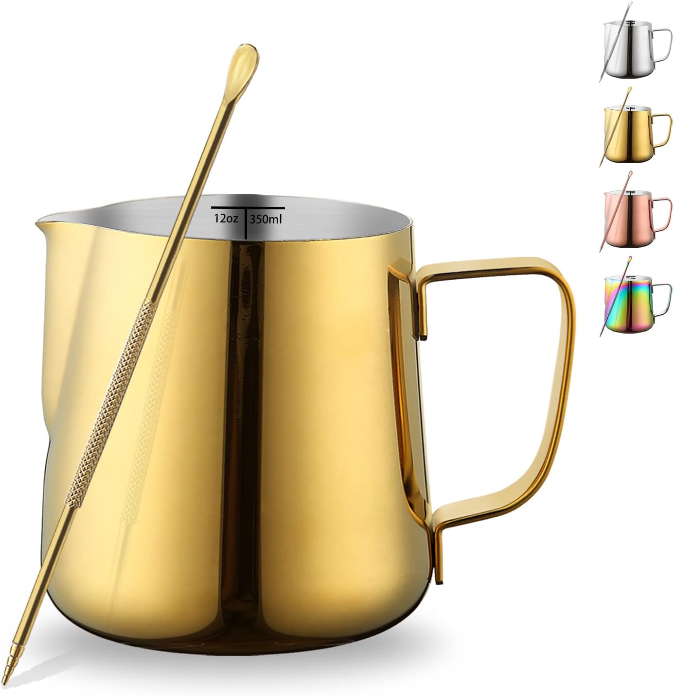 Kyraton Jarra De Espuma De Leche De 12 oz - 350 ml, Jarras De Vapor De Acero Inoxidable Con Bolígrafo Decorativo, Tazas De Espuma De Café Con Leche, Capuchino, Jarras De Vapor, Jarra De Leche (Plata)
