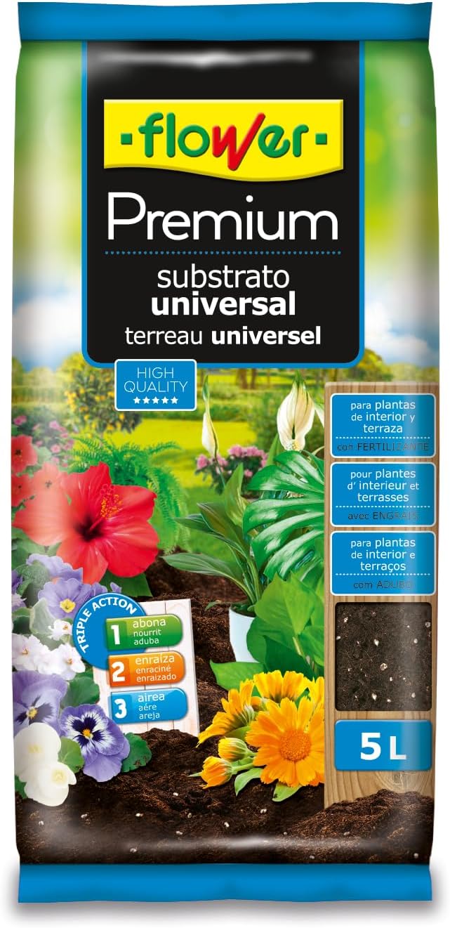 Flower - Sustrato Universal Premium 10 L | Tierra para Plantas Interior y Exterior | con Perlita y Fibra de Coco | Óptimo Drenaje, Enraizado y Aireación