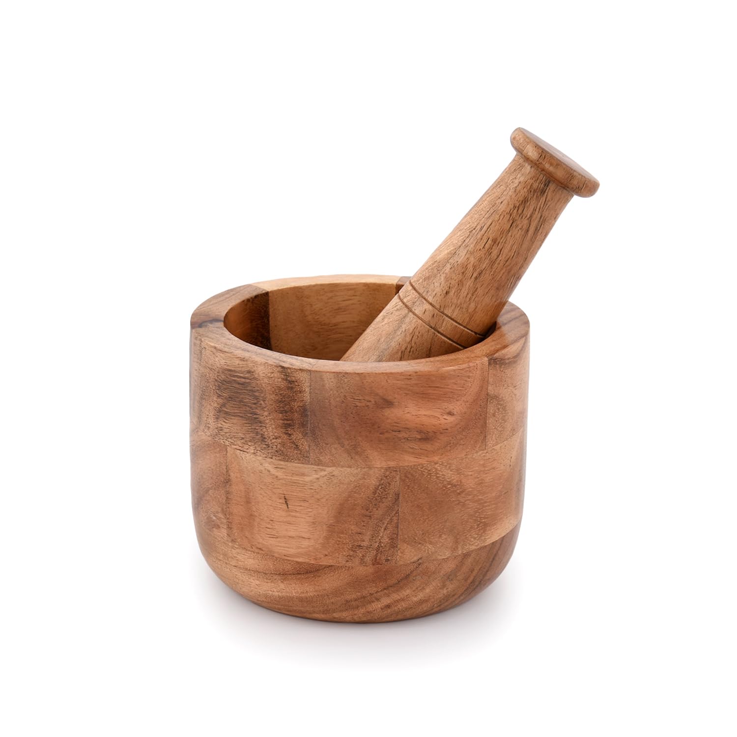 Samhita Mortero de madera de acacia hecho a mano, perfecto para moler hierbas, ajo, especias de nogal y utensilios de cocina