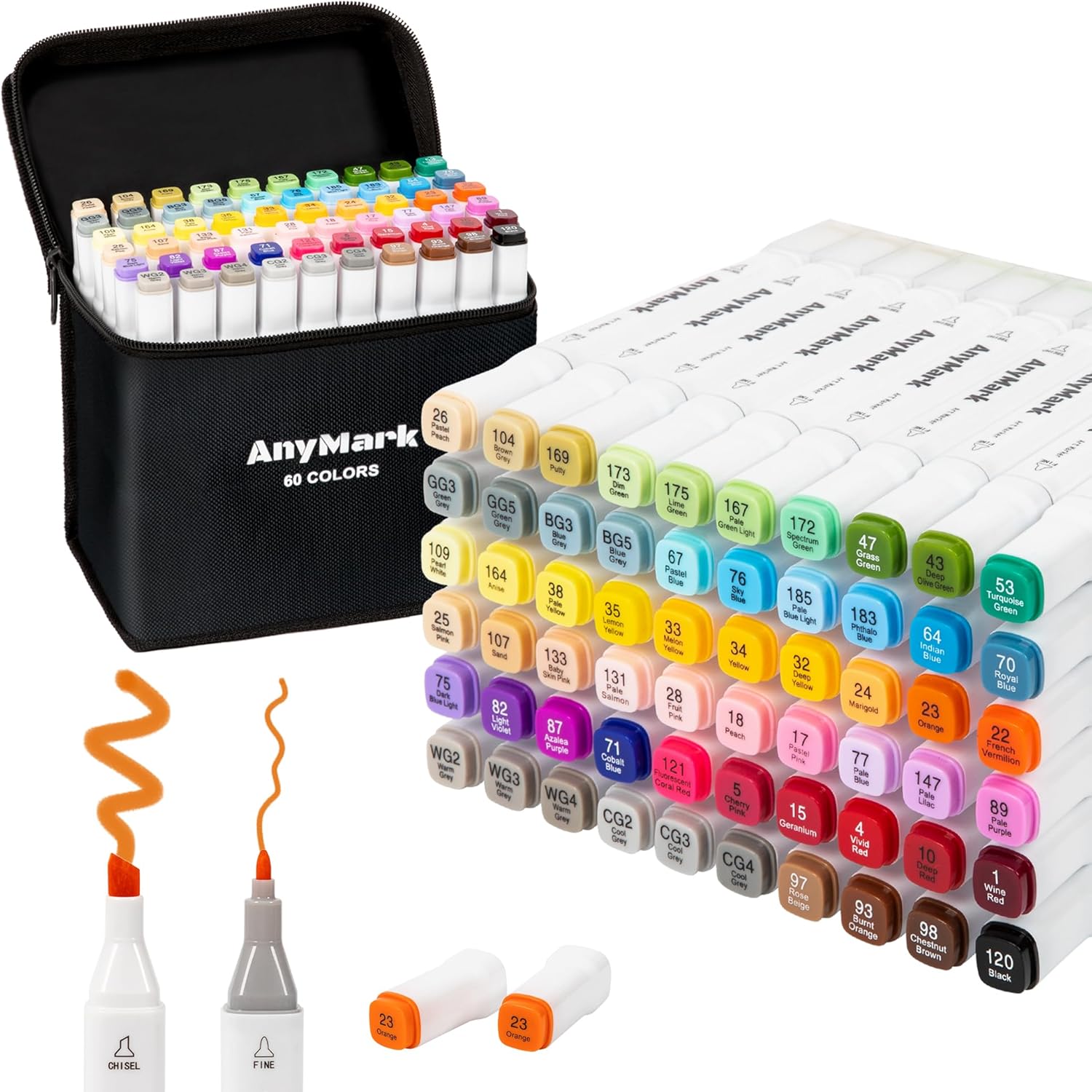 AnyMark Rotuladores Alcohol, 60 Colores, Punta Biselada y Punta Fina