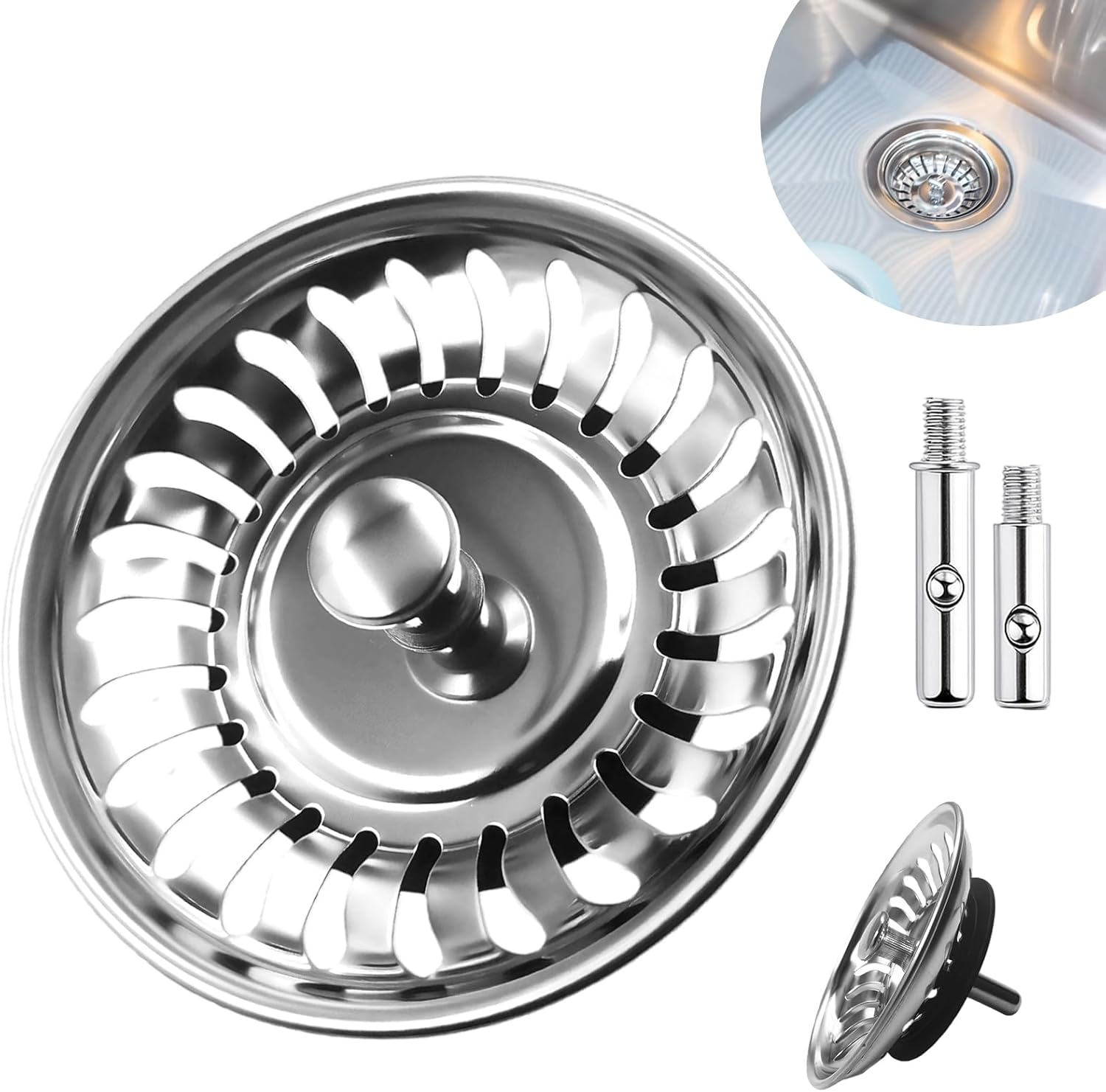 2 Piezas Ø 82mm Coladores Fregadero de Acero Inoxidable con 4 Pernos, Colador de Drenaje Universal Presione y Tire para Fregadero de Cocina, Upgraded Kitchen Sink Plug Strainer, Tapón de Desagüe