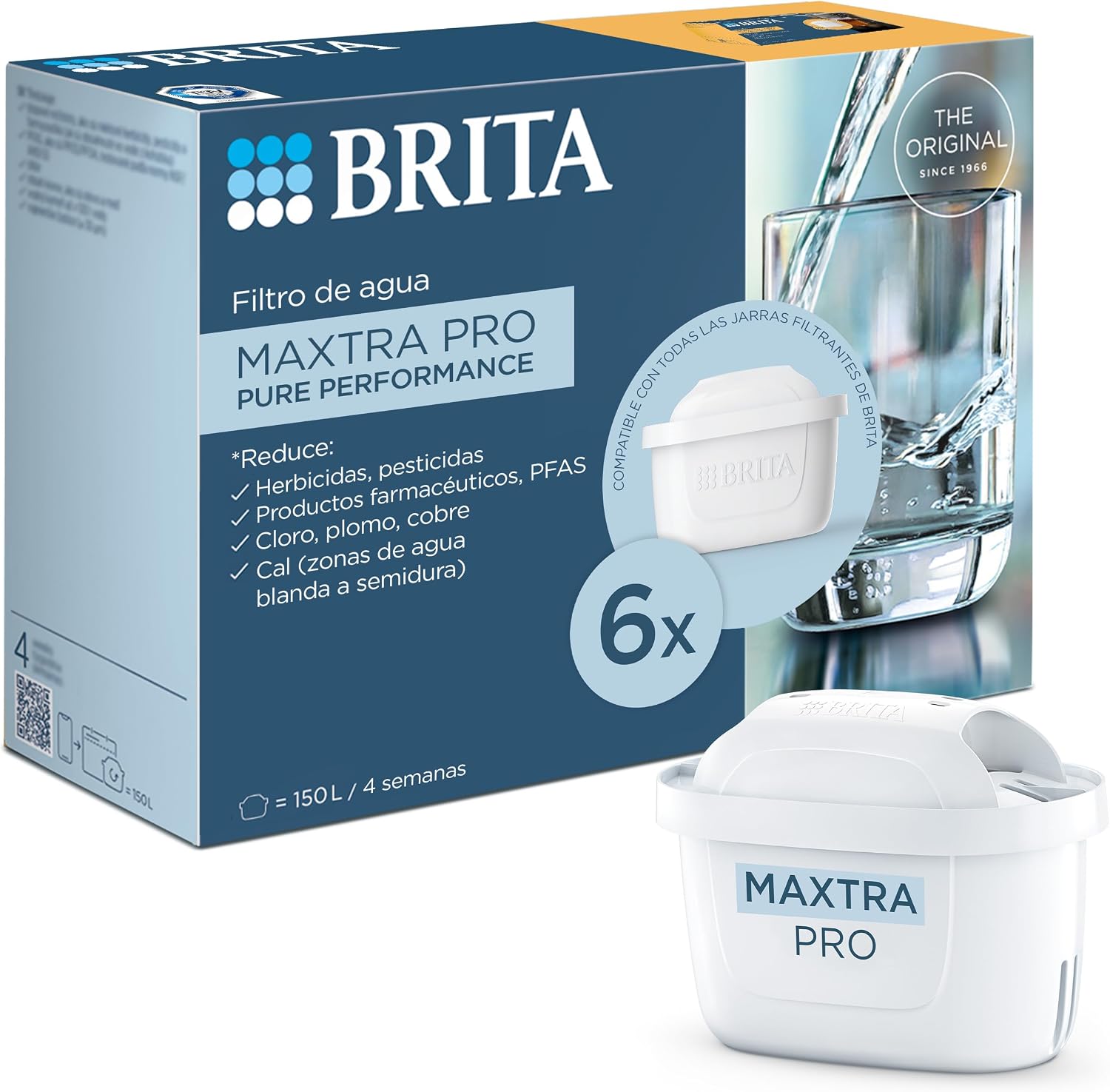 BRITA Cartucho Filtrante de Agua MAXTRA PRO Pure Performance (All-in-1) Pack 6 | Recambio original para todas las jarras BRITA para agua de sabor puro - filtra PFAS, cloro, cal y metales