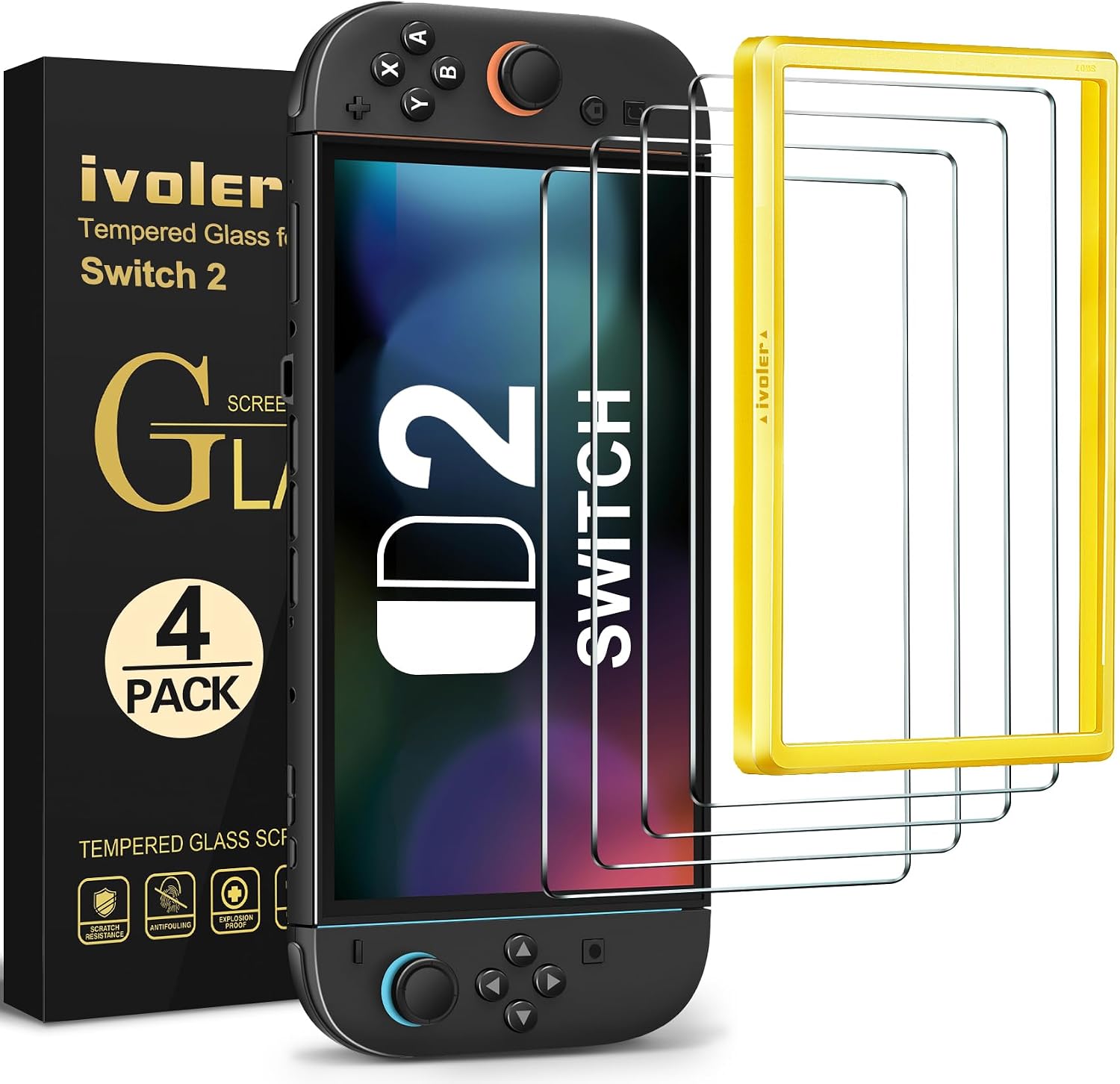 ivoler 4 Piezas Protector Pantalla para Nintendo Switch 2 Model 2025, instalación en 30 segundos Incluye Marco de Instalación Fácil, Cristal Vidrio Templado Premium