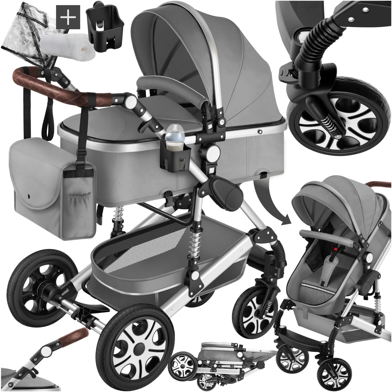 tectake® Cochecito Bebé Combinado 2 en 1, Carrito Bebé Plegable con Capazo Extraíble, Silla de Paseo con Respaldo Ajustable, Arnés de 5 Puntos, Freno de Pie y Capota Plegable, Carro Bebés - gris
