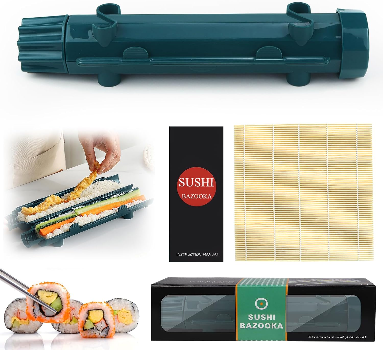 CHRI Sushi Maker Bazooka, Juego de sushi para hacer sushi, sushi Roller Maker Sushimaker Bazooka y esterilla de bambú para principiantes (azul marino)