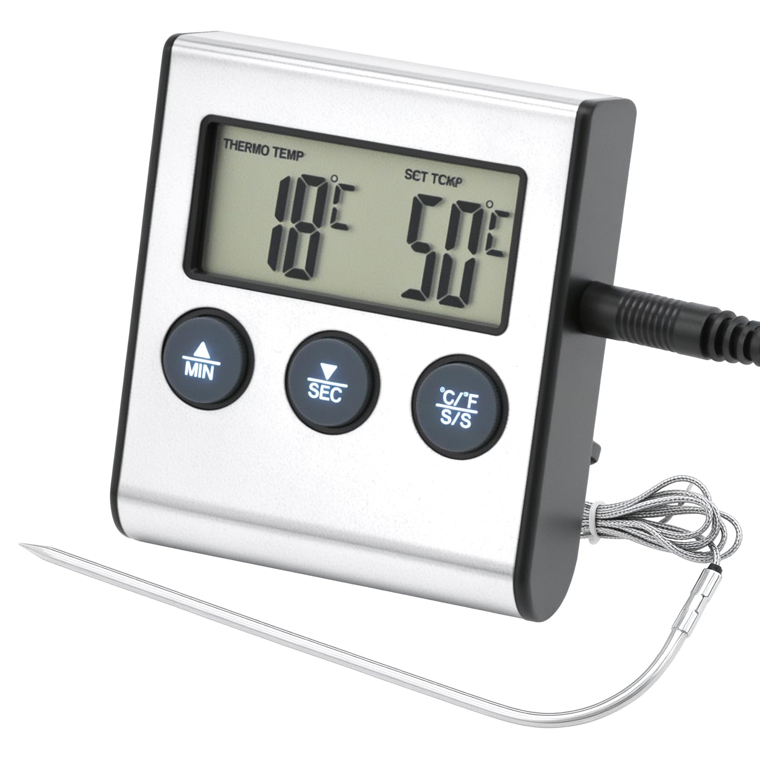 QWORK® Termómetro Cocina Digital con Sonda para Alimentos, Rango 0-300°C, Temporizador Integrado, Pantalla LCD - para uso en Hornos y Parrillas