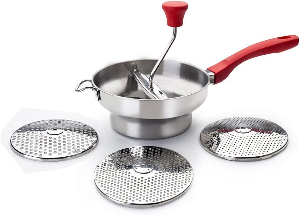 ibili Food Mill Set Luxe with 3 Discs 20 cm, Stainless Steel, Silver/Red