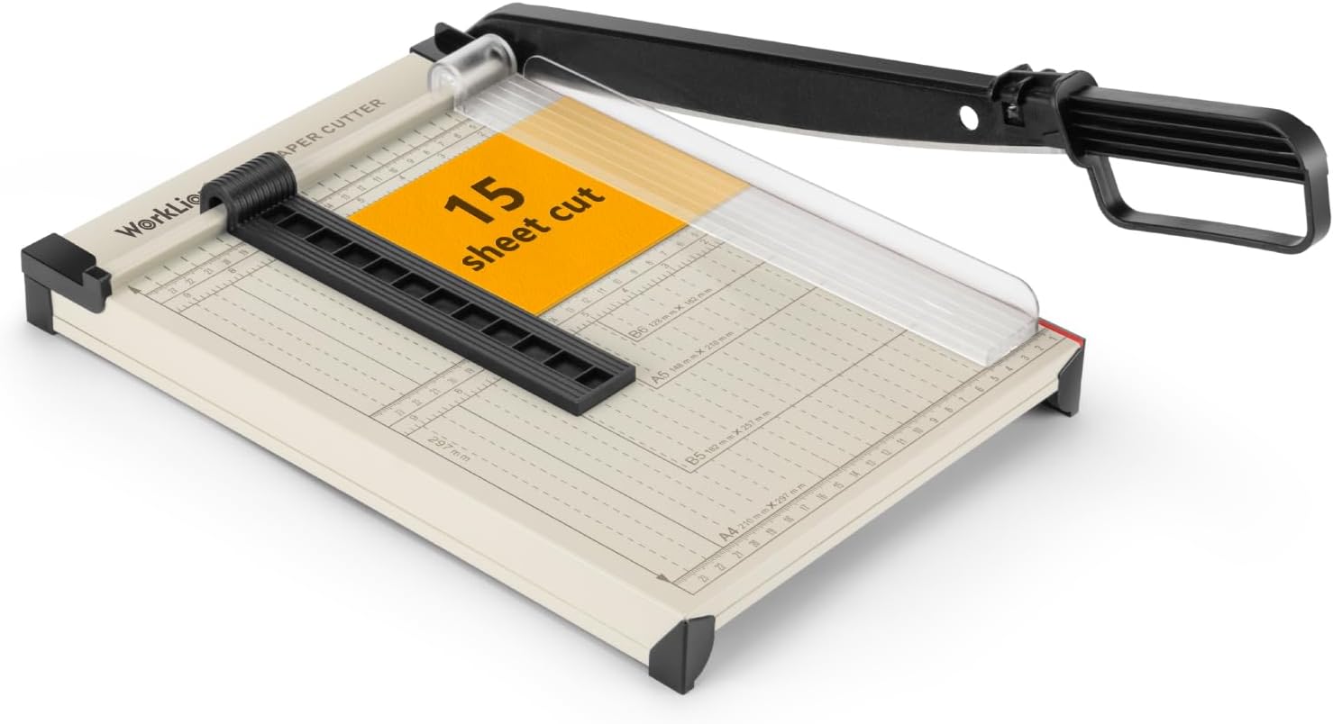 WORKLION - Cortadora de papel guillotina A4 – Recortador de papel resistente con protección de seguridad, capacidad para 15 hojas, cortadora de guillotina de precisión para cortar papel, tarjetas