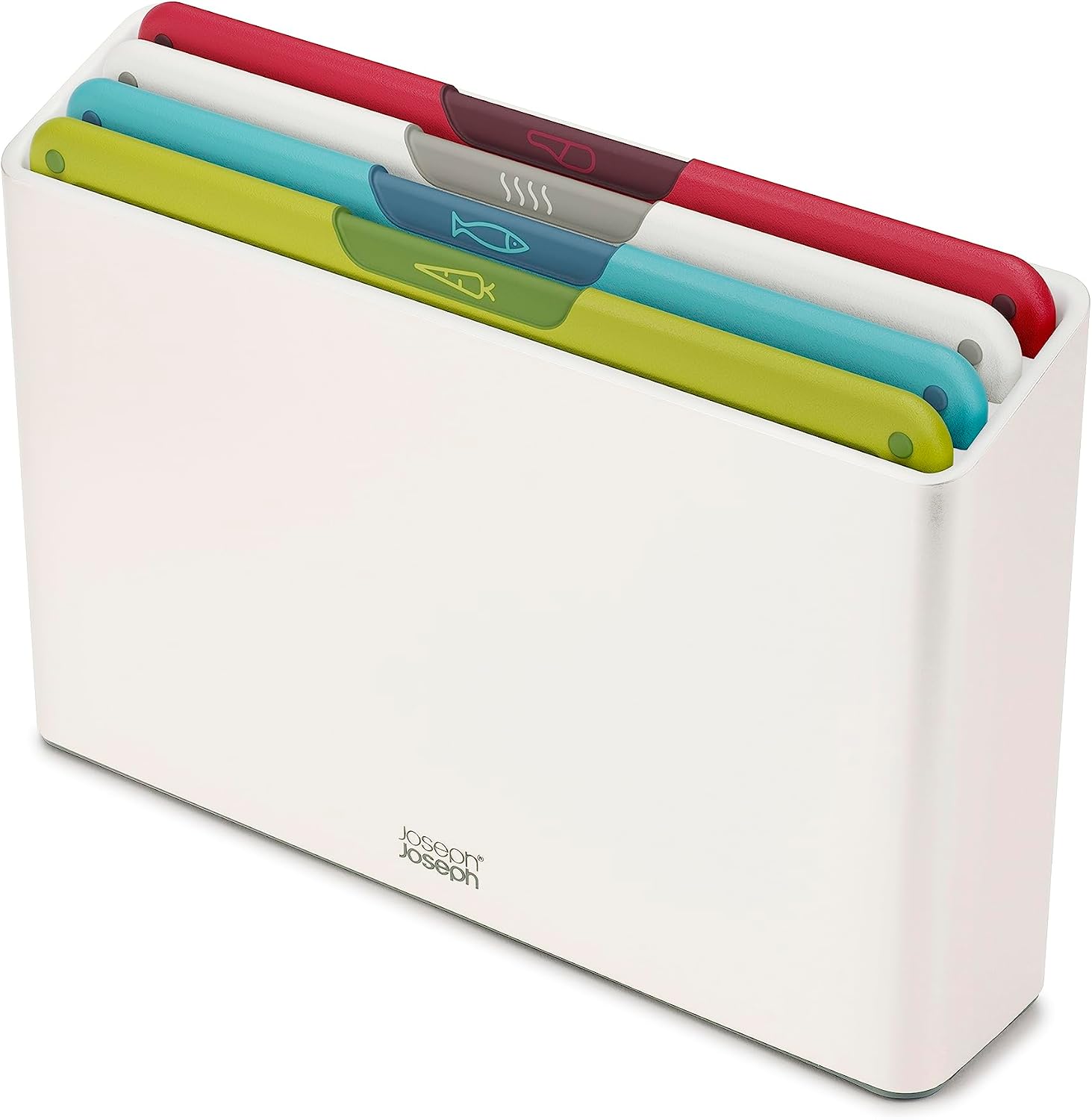 Joseph Joseph Folio Icon Tablas de Picar Antideslizantes, Codificadas por Colores, 4 Piezas, con Estuche de Almacenamiento, Mediano, Blanco