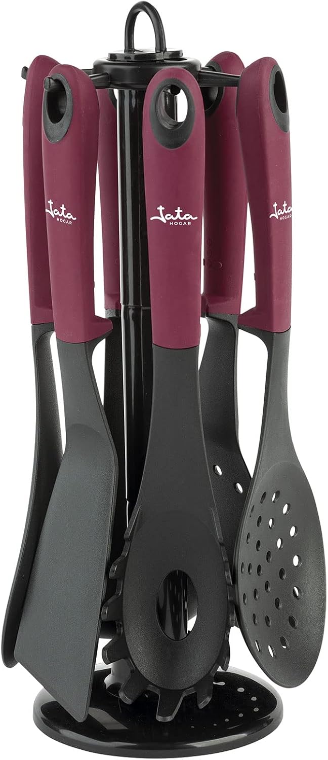 Jata HACC4600 - Set de 6 utensilios de cocina de nylon, Cazo, cucharón, espumadera, cuchara espagueti, espátula y pala, Soporta temperaturas máximas de 210º
