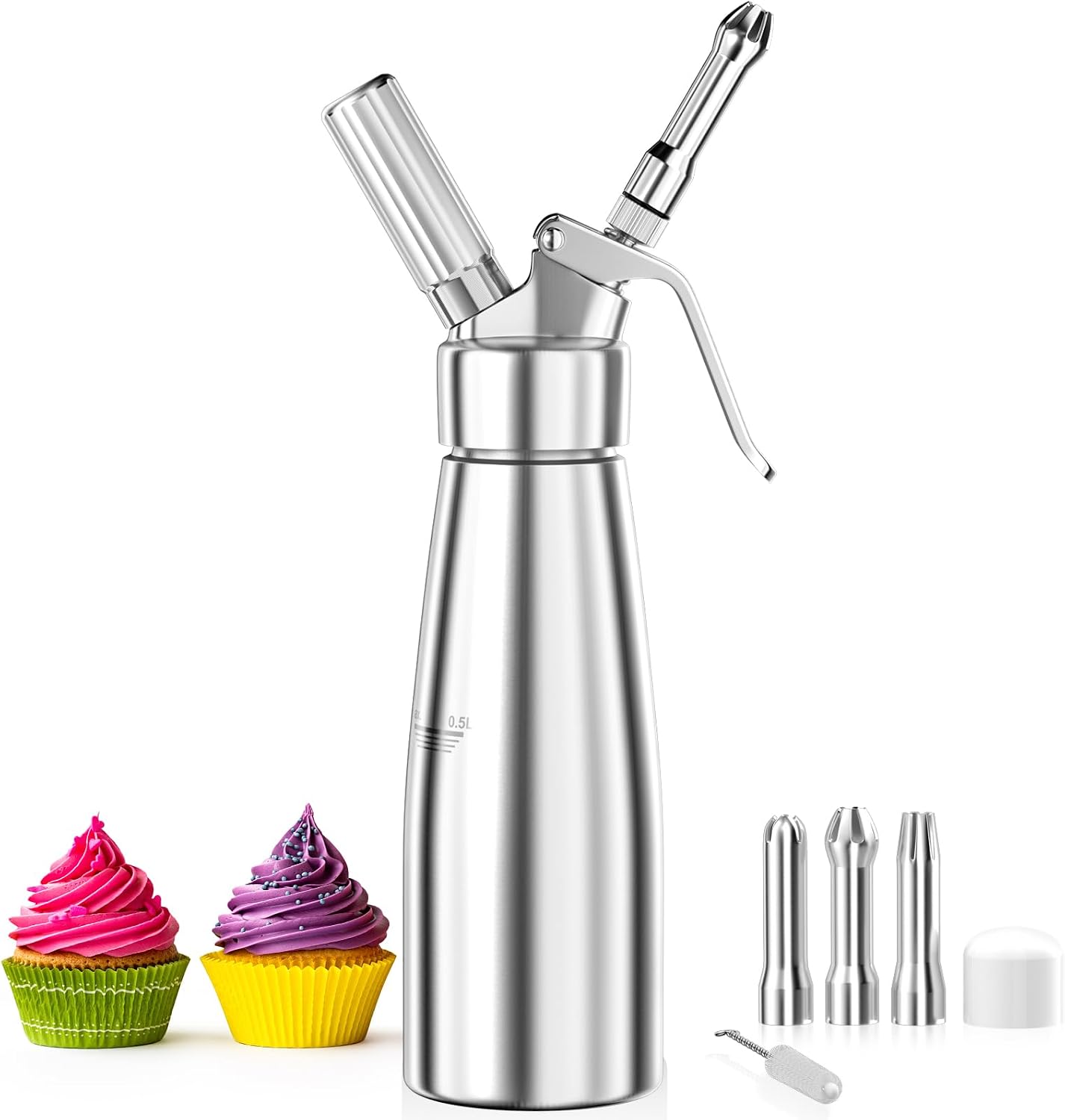 Fousenuk 500 ml Sifón de Cocina Espumas, Dispensador de Crema Aluminio con 3 Boquillas Acero Inoxidable y 1 Cepillo, Sifon de Nata para Decorar Pasteles de Cumpleaños, Pastelería, Helados y Postres