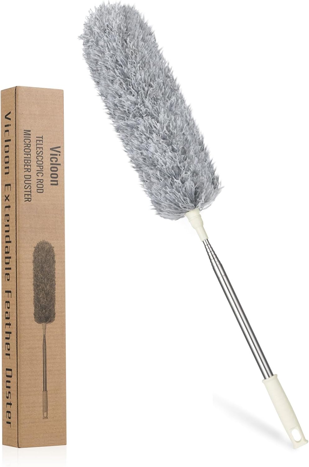 Vicloon Plumero de Limpieza, Plumero telescópico de 71cm-243cm, Microfibra, Gris, Plumero con 2 en 1 Ranuras Cepillo de Limpieza, Atrapa y Bloquea el Polvo,para Ventanas Persianas Muebles Coches
