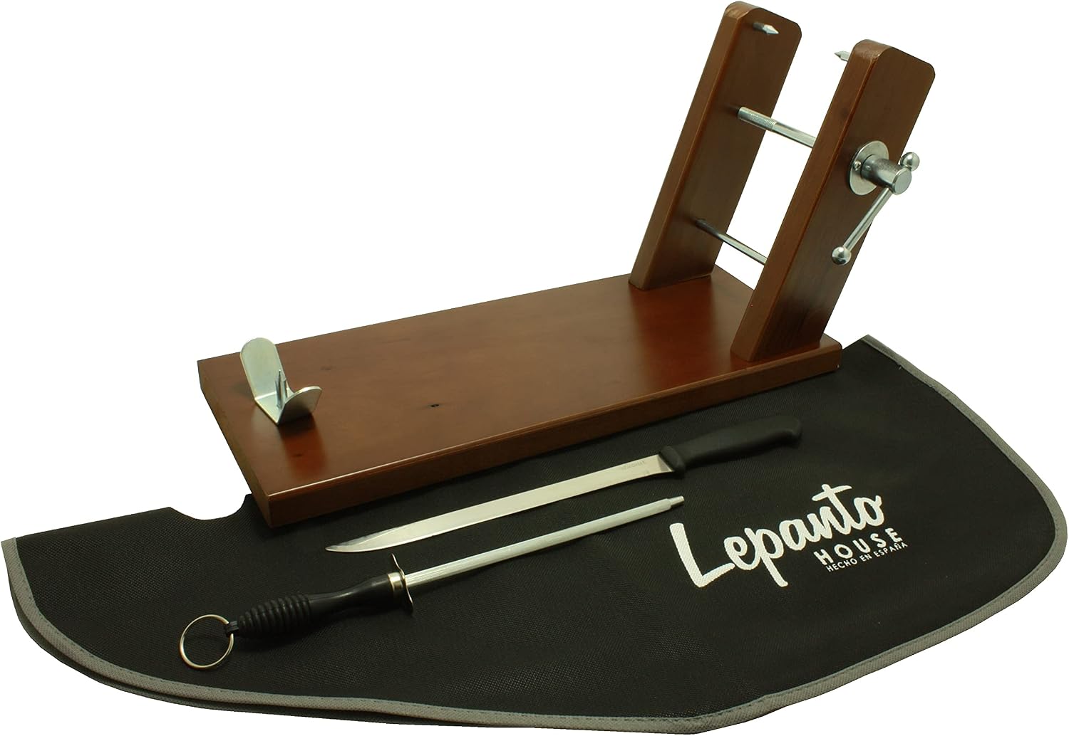 Jamonero Modelo Reserva mas Set de corte con cuchillo Jamonero, chaira y cubre jamón negro, Soporte para Jamón y paletillas fijo realizado en madera de pino color nogal mas Antideslizante