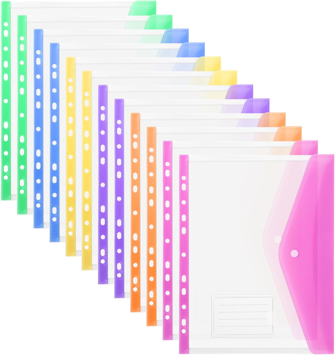 OFFCUP Carpeta transparente para documentos A4, 18 unidades, con botón de presión y bolsillo para etiquetas, ampliable, resistente al agua, A4 para archivar, con 11 orificios, 6 colores