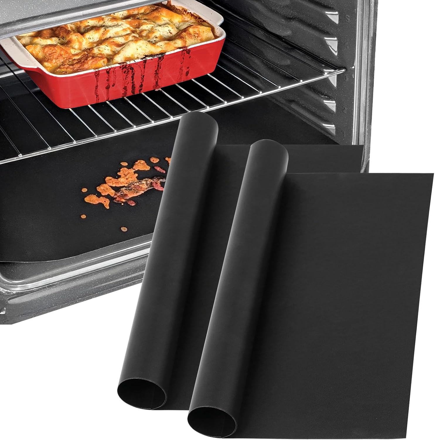 SPARES2GO Revestimiento antiadherente para horno (paquete de 2) - Alfombrilla de teflón universal grande para hornear, protector de fondo de cocina, revestimientos con convección asistida (40 x 50cm)