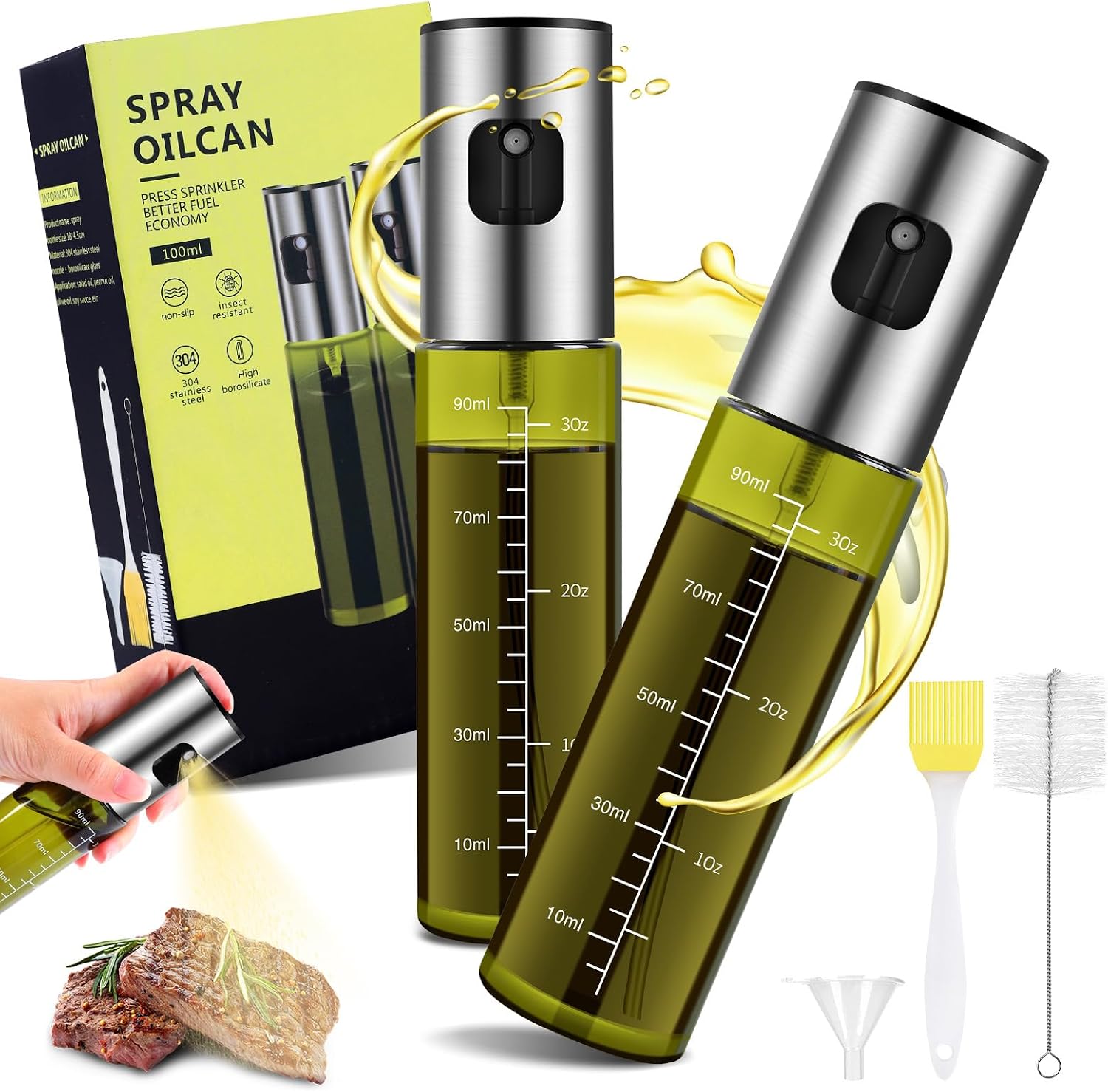 Zanfqvo Pulverizador Aceite Spray, 2PCS Spray Aceite Cocina Vidrio Especial con protección UV Verde, Dispensador de Aceitera Antigoteo Para cocinar, asar, ensaladas, freír en el aire