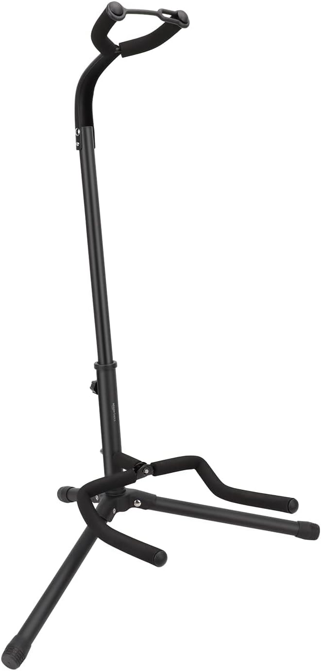 Amazon Basics Soporte Portátil Plegable para Guitarra, Diseño de Trípode Ligero con Acolchado Antideslizante, Altura Ajustable para Guitarras Acústicas, Eléctricas y Bajos, Negro