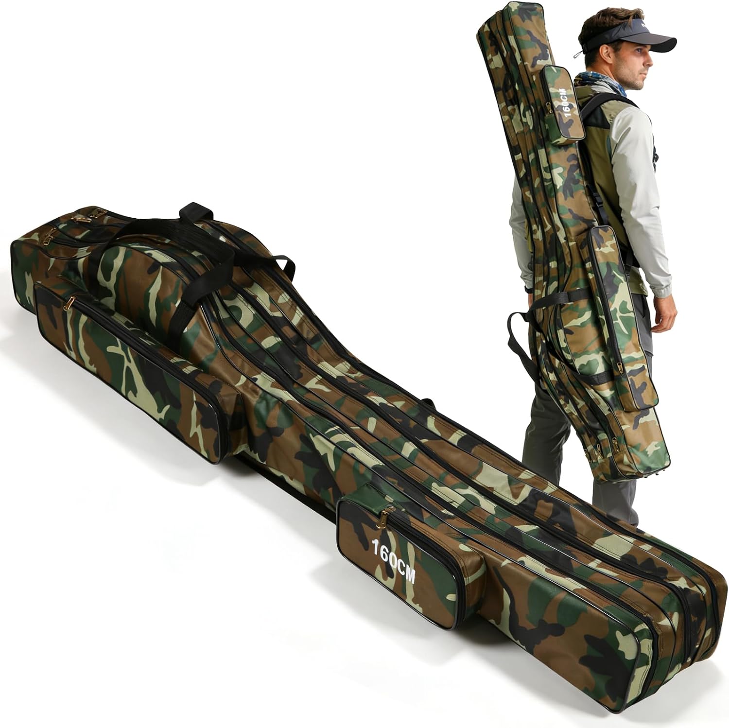 Bolsa portátil y plegable para carrete de caña de pescar, 3 capas160 cm con organizador de carrete y múltiples bolsillos, impermeable, ideal como regalo para pescadores
