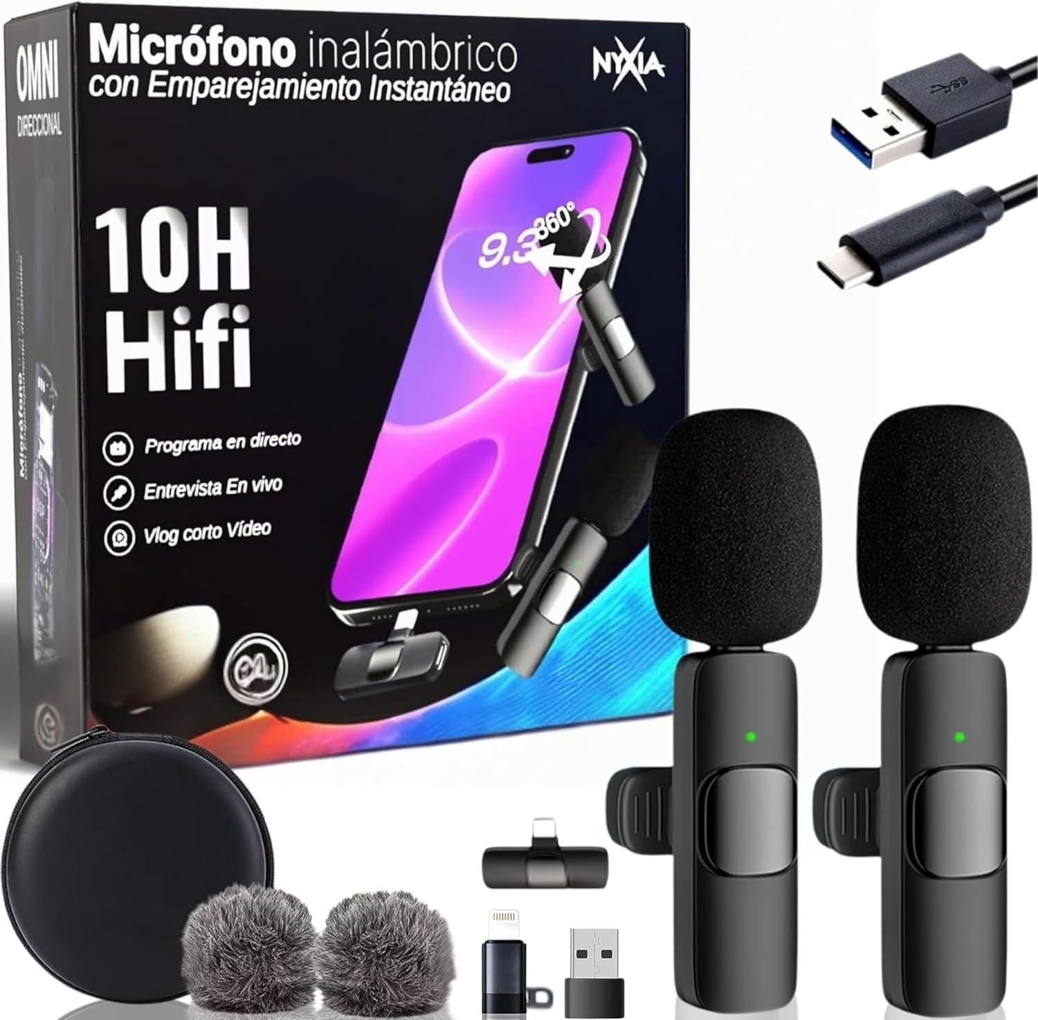 Nyxia® 2 Pack Microfono Inalambrico | Micrófono Solapa Wireless | Plug&Play, para iPhone Android iPad PC | Reducción de Ruido | Sonido Profesional | Movil Streaming Youtube TikTok Instagram Podcast