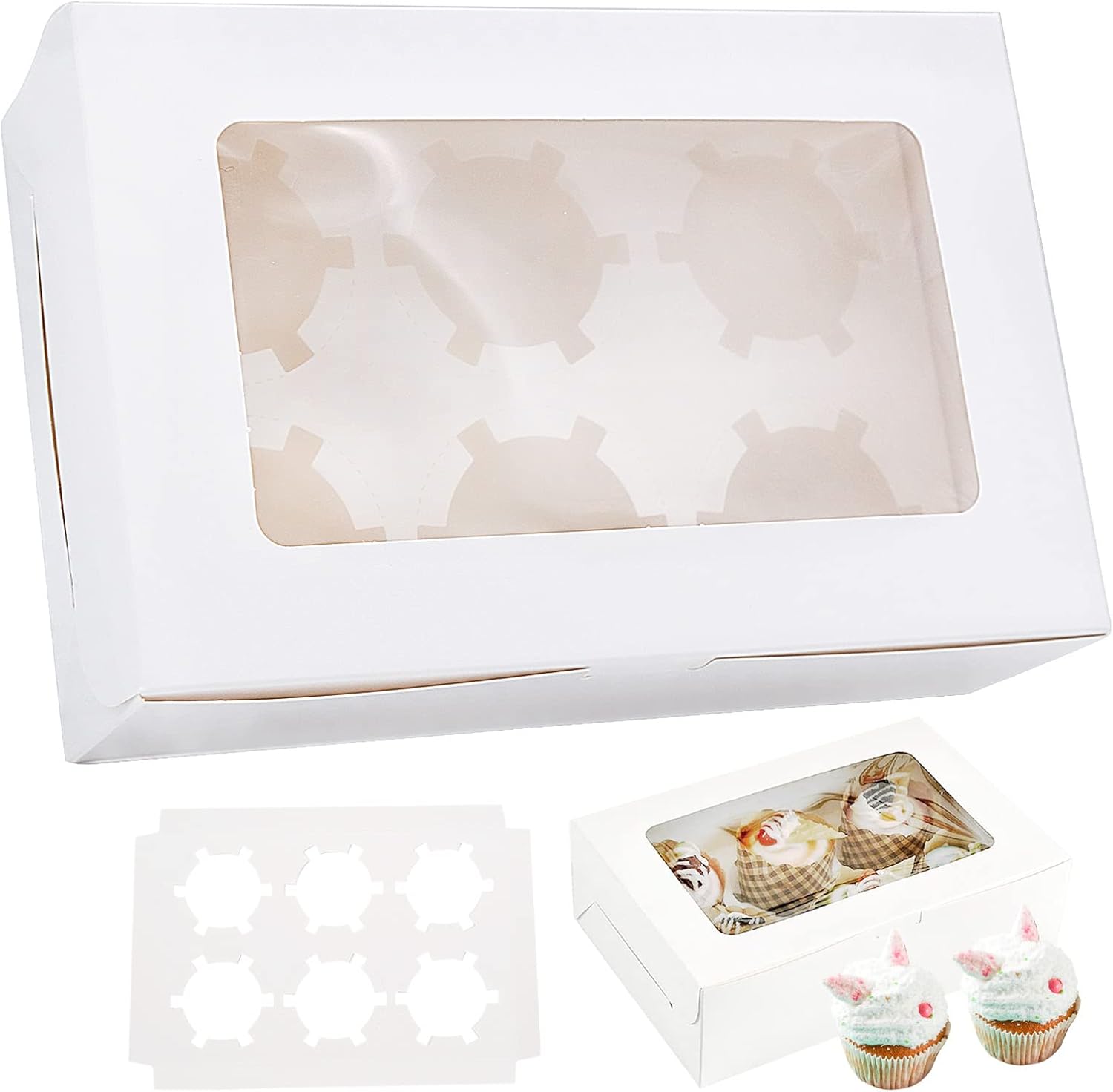 Cajas de 15 piezas para magdalenas Caja de pastelería con inserción de ventana Cajas de cartón para tartas con gran ventana de visualización 6 agujeros