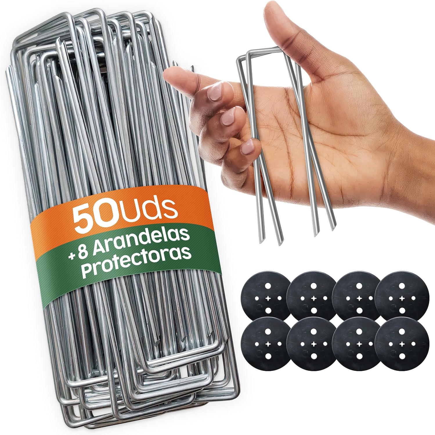 PORTENTUM Grapas Césped Artificial 200 Uds + 32 Arandelas – Piquetas Camping Suelo Duro – Estacas para Tomateras – Grapas Malla Antihierbas – 150 mm Alto – Ancho Ajustable – 3 mm Grosor