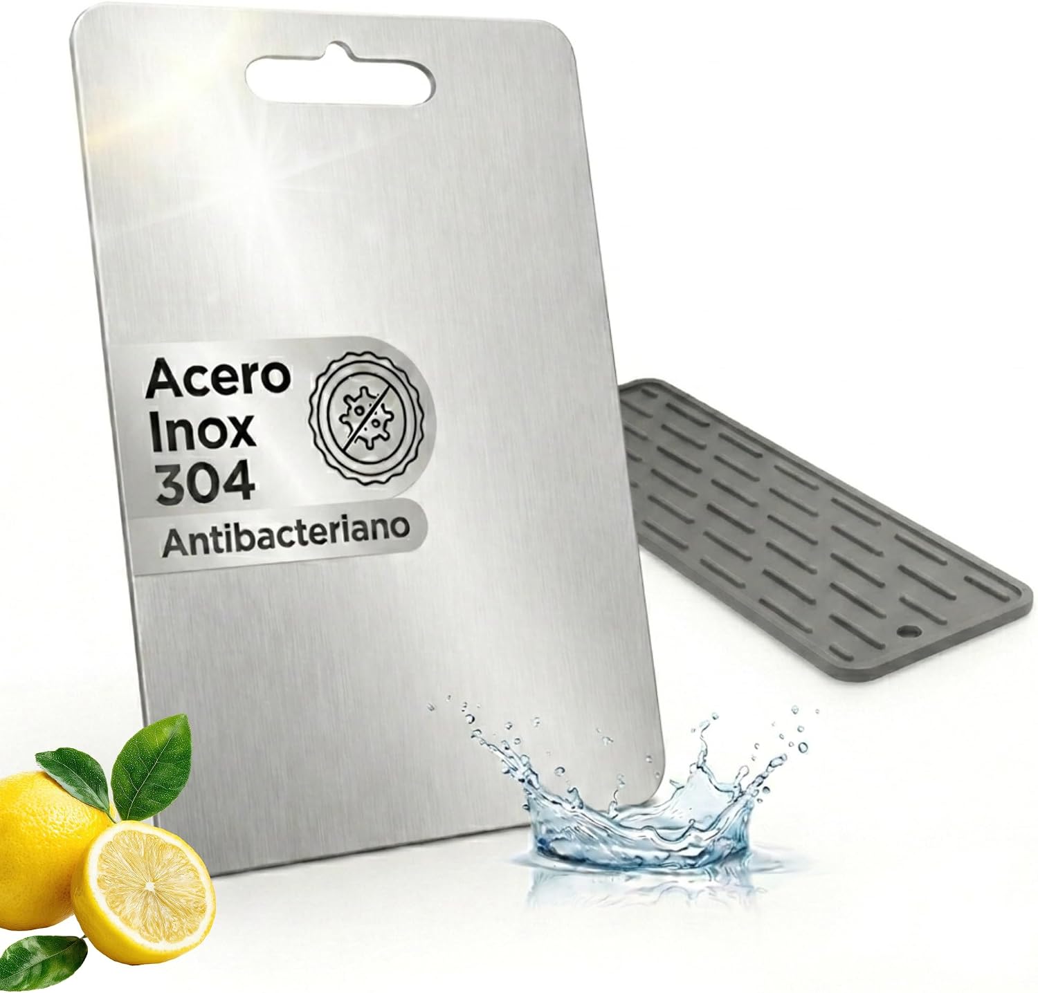 Tabla de Cortar de Acero Inoxidable 304 (34x23cm) Doble Cara – Higiénica, No Absorbe Olores, Evita Contaminación Cruzada, Apta Lavavajillas con Alfombrilla de Secado