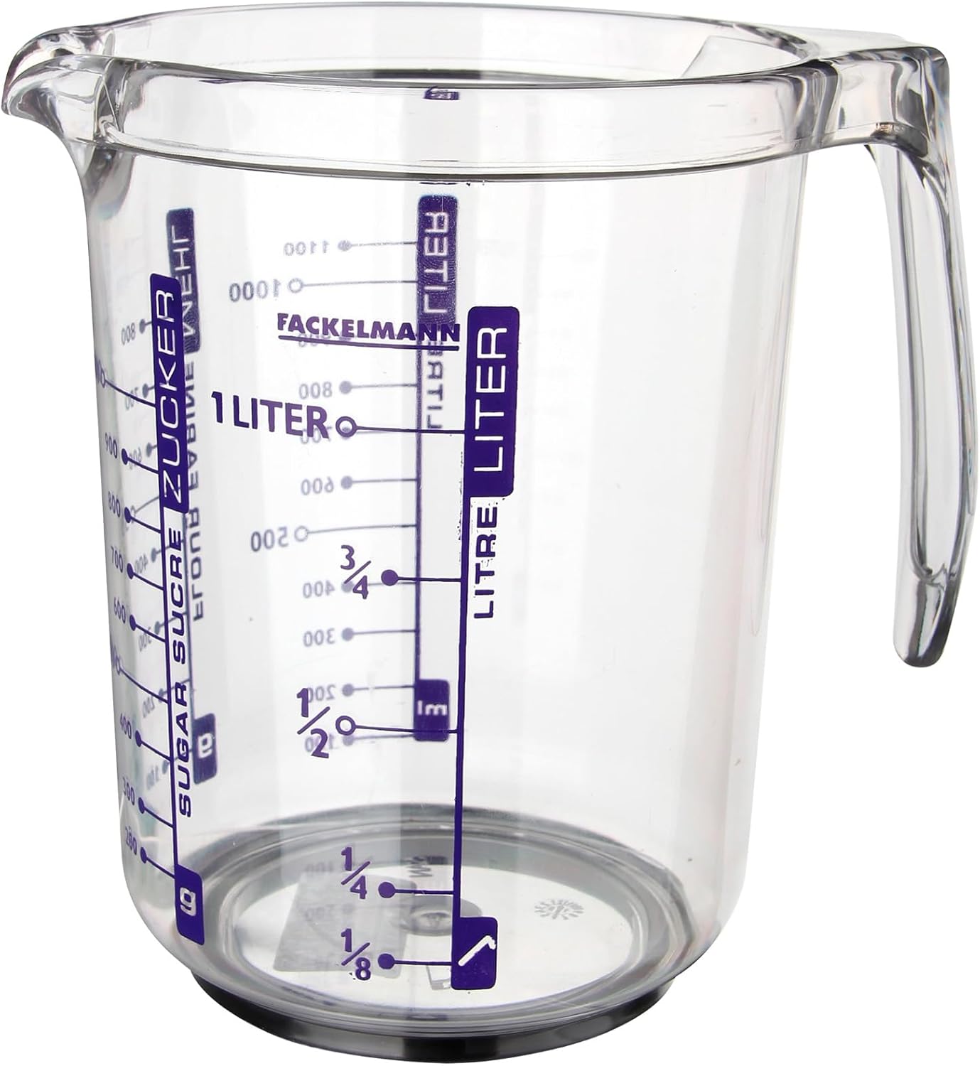 Fackelmann Jarra Medidora de Cocina, 1 litro de capacidad, con escala para medir líquidos, azúcar y harina, Plástico SAN Transparente. Medidas 17,5x12,5x16,5 cm, 1 ud