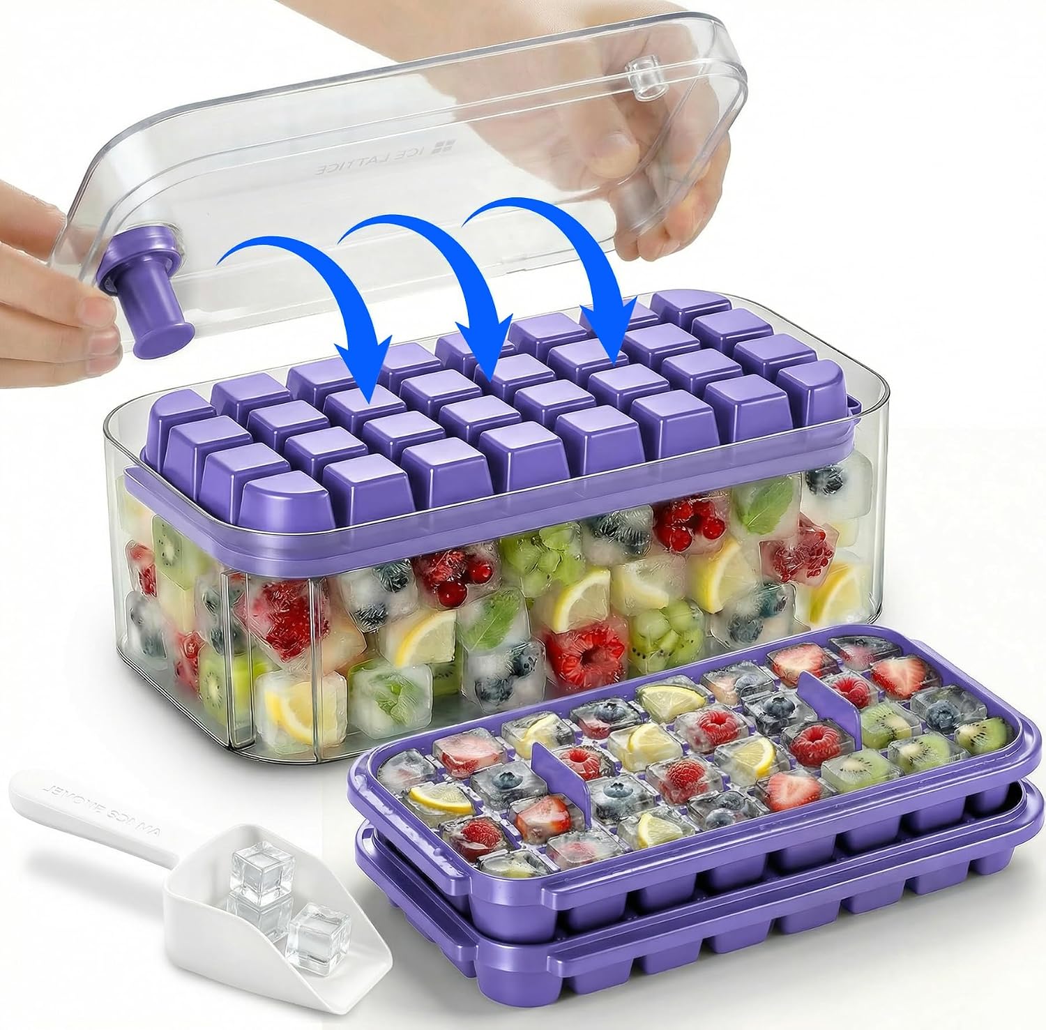 Cubiteras Para Hielo, Moldes Hielo,Bandeja Hhielo,Cubitera de Grado Alimenticio, Liberación de Todos Los Cubitos de Hielo en un Segundo, Molde Hielo Reutilizable Para 64 Ice Cube Tray （morado）