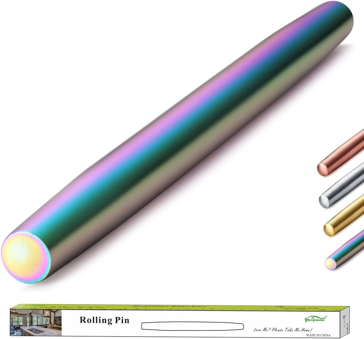Berglander Rodillo de acero inoxidable Acabado mate con baño de titanio arco iris para hornear masa para pizza, pastel, galleta, utensilios de cocina esenciales Ideas de regalo Gor Bakers.