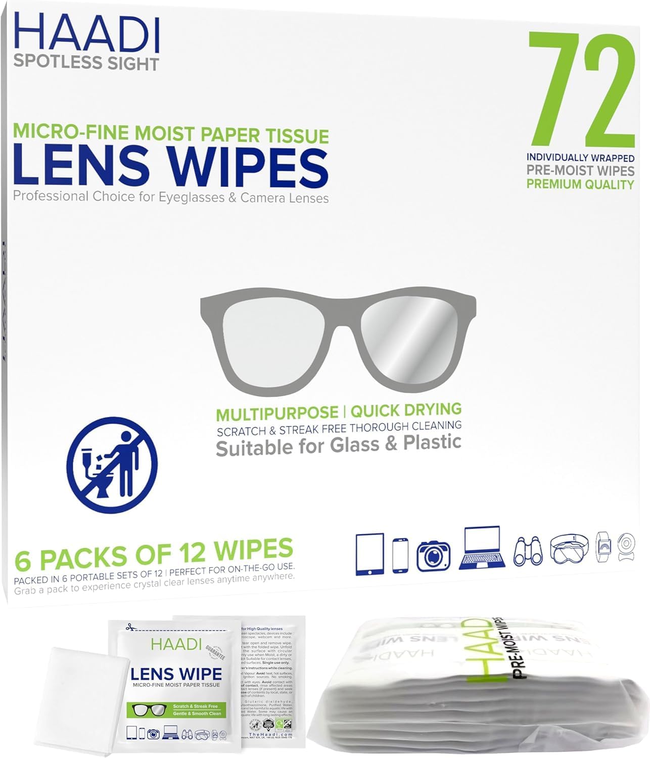 Toallitas limpiadoras de gafas, 72 toallitas envueltas individualmente, multiusos, adecuadas para lentes, cámaras, binoculares, espejos, pantallas, dispositivos ópticos y electrónicos