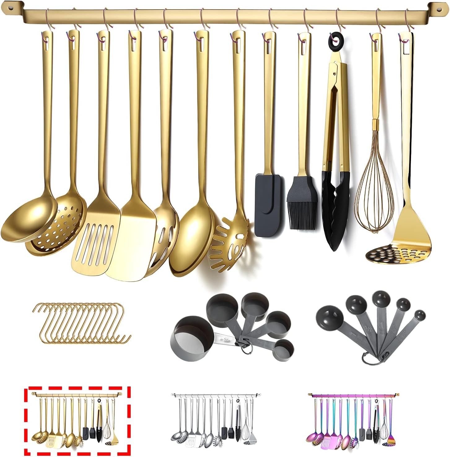 Kyraton - Juego de utensilios de cocina de acero inoxidable de 37 piezas con chapado en oro de titanio, juego de utensilios de cocina con bastidores de utensilios resistentes al calor