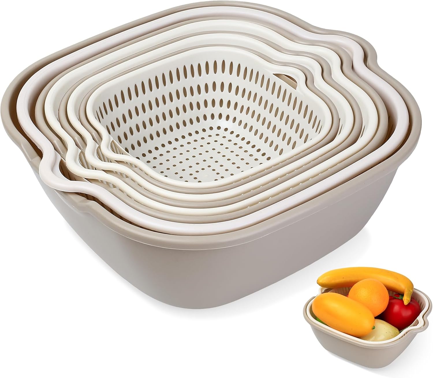 Juego Multiuso de 8 Coladores de Cocina, 2-en-1, Escurridor de Cocina, Colador de Pasta, Cesta Doble Capa de Drenaje, Tazón de Lavado y Colado de Arroz, Para Frutas, Verduras y Arroz