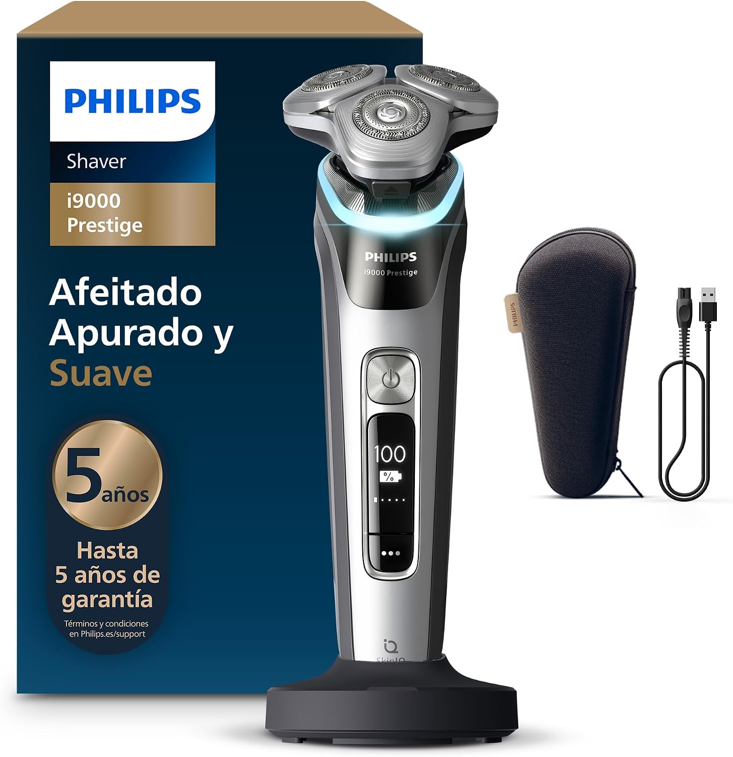 Philips i9000, Afeitadora Eléctrica Hombre, Máquina de Afeitar Barba en Seco y Mojado, Tecnología SkinIQ, Base de Carga, Recargable, Estuche de Viaje, X9000/10