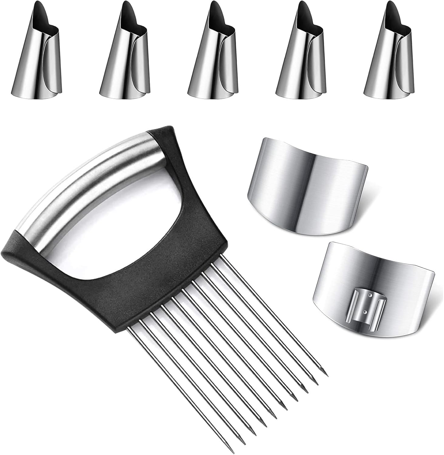 8 Piezas Protector de Dedos Acero Inoxidable,Soporte de cebolla, Cuchillo de Protector Corte Rebanada Herramienta Cocina Segura Protector de Dedos Corte para Protege Tus Dedos de Lesiones